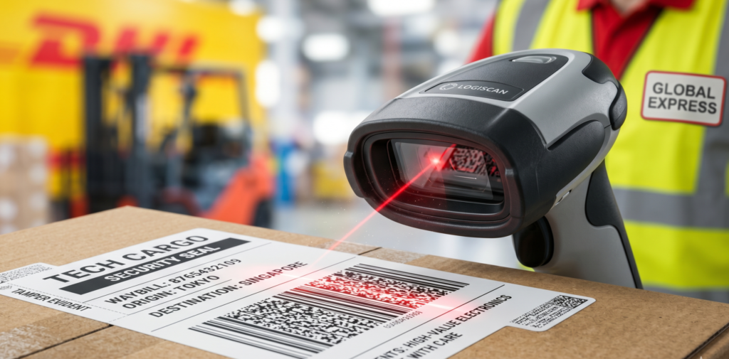 Close-up of industrial barcode scanner processing high-value tech and hardware shipments for priority DHL and FedEx routing.